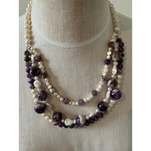 Pearl and Amethyst Stone Three stand Statement necklace sterling 925